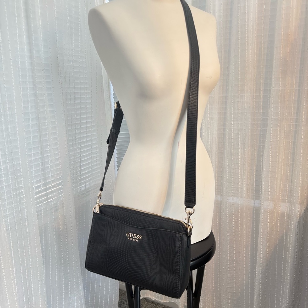 GUESS Black Pebbled Leather Crossbody with Gold Hardware
